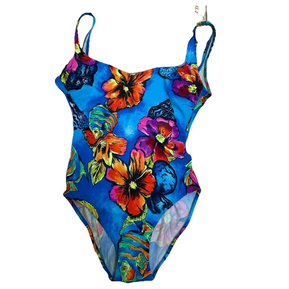 Vintage Tropical Floral Seashell Swimsuit Size 8 Bold Blue Made USA - Cazimi